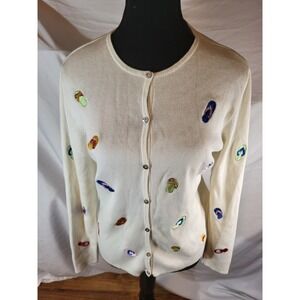 Alexandra Bartlett Cardigan Sweater M White Embroidered Flip Flops